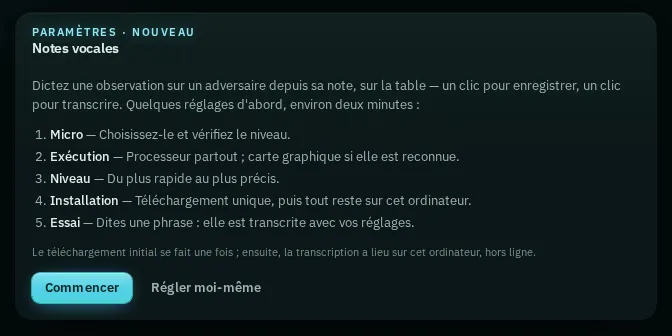 La mise en route des notes vocales : micro, exécution, niveau, installation, essai.