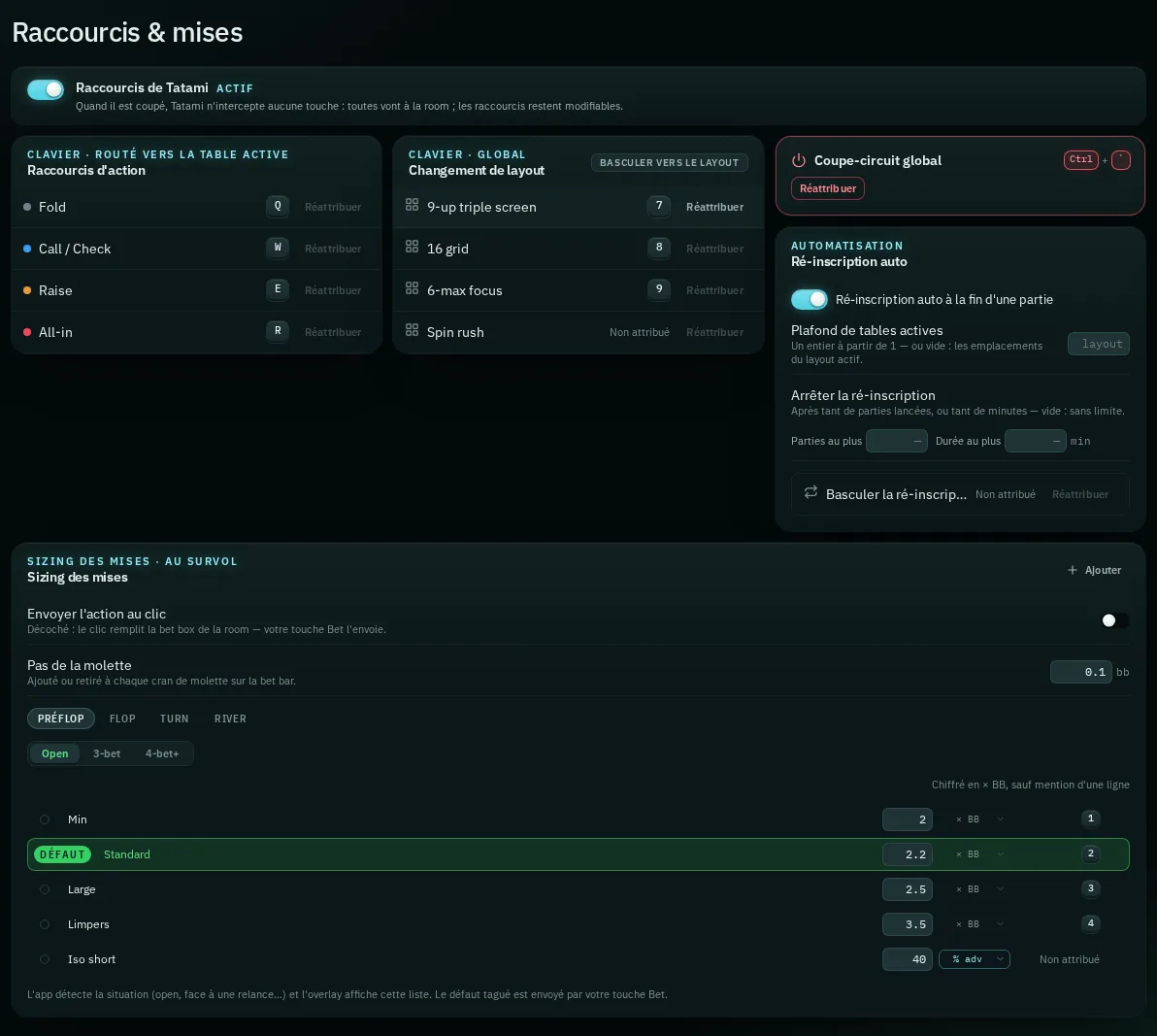 L'écran Raccourcis et mises : touches d'action et presets de sizing.